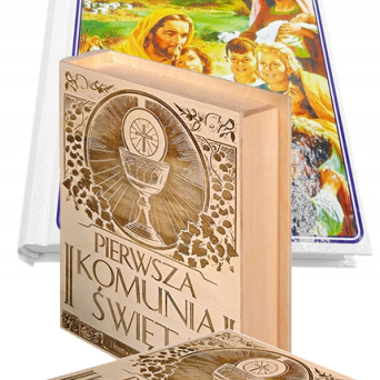 Biblia Pismo Święte dla Najmłodszych w obrazkach w grawerowanym drewnianym pudełku Komunia - prezent pamiątka dla dziecka