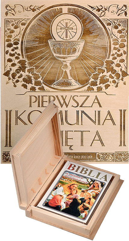 Biblia Pismo Święte dla Najmłodszych w obrazkach w grawerowanym drewnianym pudełku Komunia Chrzest - prezent pamiątka dla dziecka 2